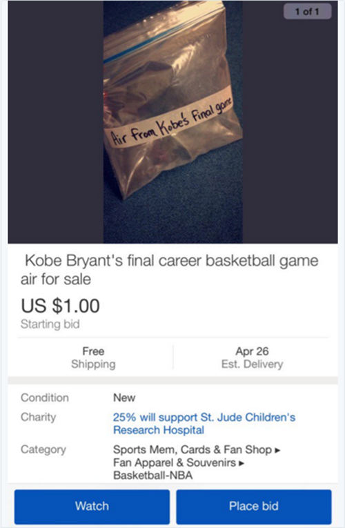 神了!eBay惊现 科比告别 赛现场空气拍卖,最高拍