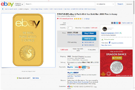 eBay与贵重金属批发商合作，出售刻有eBay商标金条