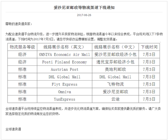 全球速卖通将于7月3日下线爱沙尼亚邮政等7条物流渠道
