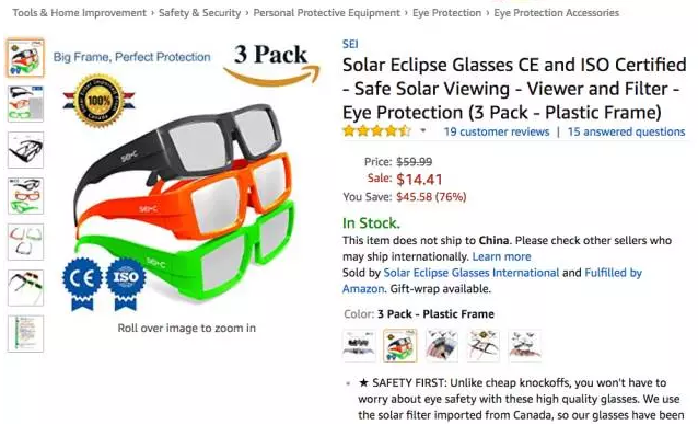 日食将至，亚马逊榜单已被日食眼镜（护目镜）刷屏！