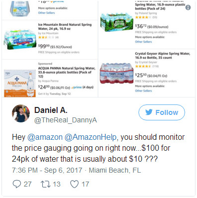 “史上最强”飓风Irma即将登陆美国！亚马逊上瓶装水价格被哄抬数倍