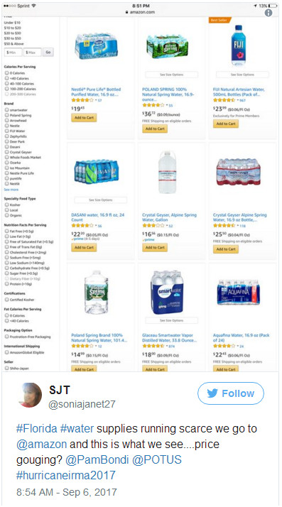 “史上最强”飓风Irma即将登陆美国！亚马逊上瓶装水价格被哄抬数倍