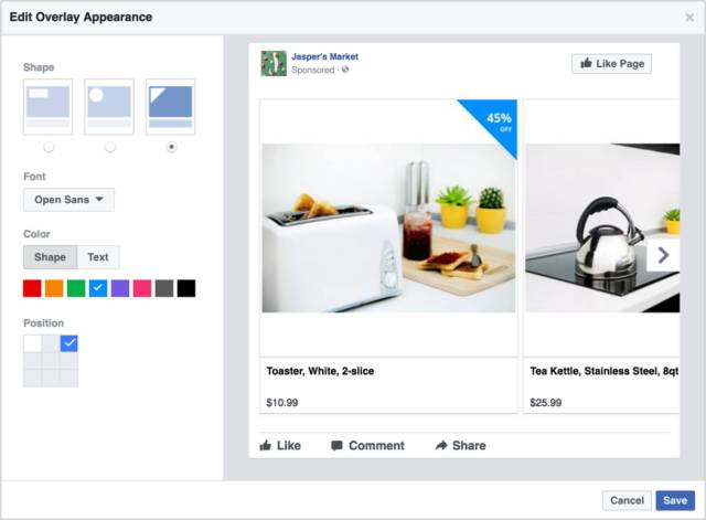 Facebook动态广告新功能：可以添加标签和优惠啦！