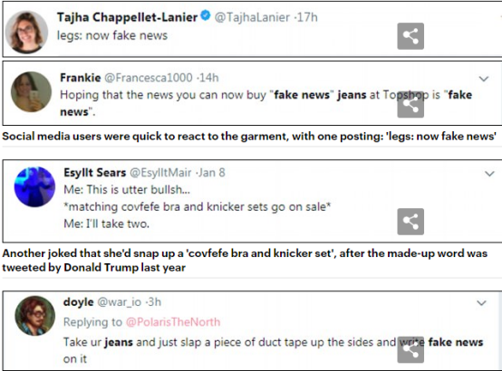 Topshop上一款牛仔裤卖爆了，因为绣了“Fake News”字符