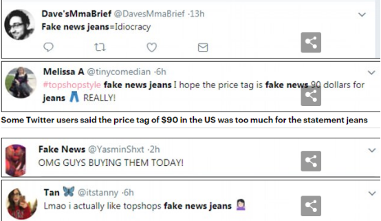 Topshop上一款牛仔裤卖爆了，因为绣了“Fake News”字符