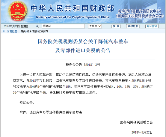 好消息！汽车整车及零部件进口关税降低，7月1日起生效！