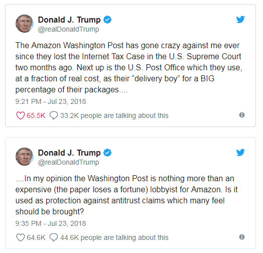 特朗普再发推文：《华盛顿邮报》就是亚马逊的“发声筒”