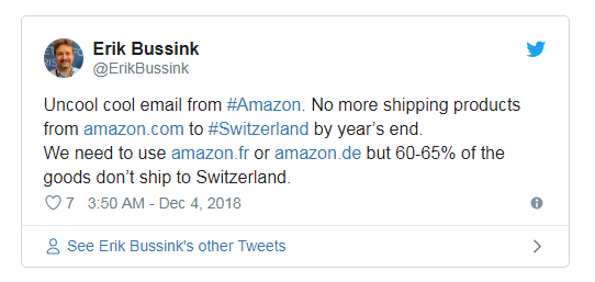 外媒:从12月26日起,亚马逊将屏蔽瑞士消费者从
