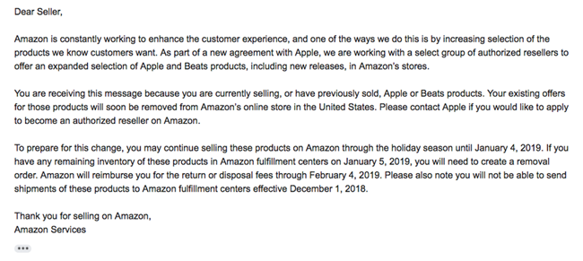 亚马逊已开始下架未经授权的苹果产品，第三方卖家listing相继被移除