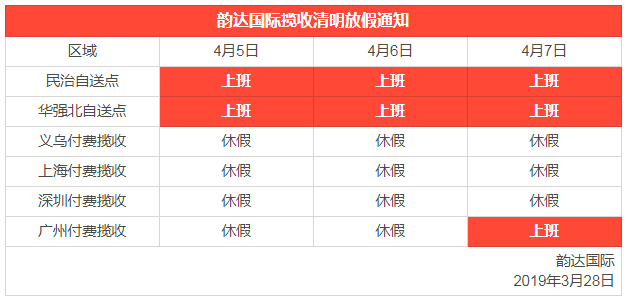 Shopee SLS仓库揽货及韵达国际2019清明节放假通知