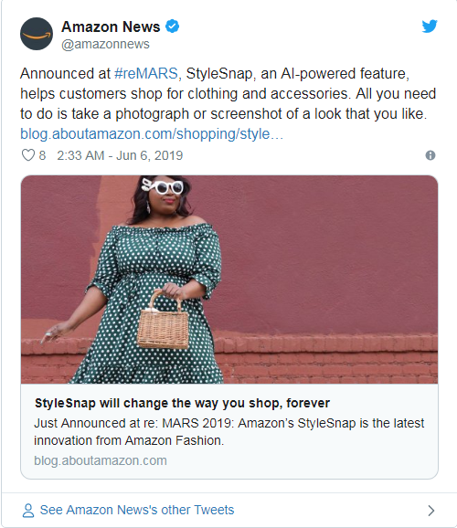 亚马逊宣布推出全新AI购物功能StyleSnap，还让网红帮他“卖衣服”……