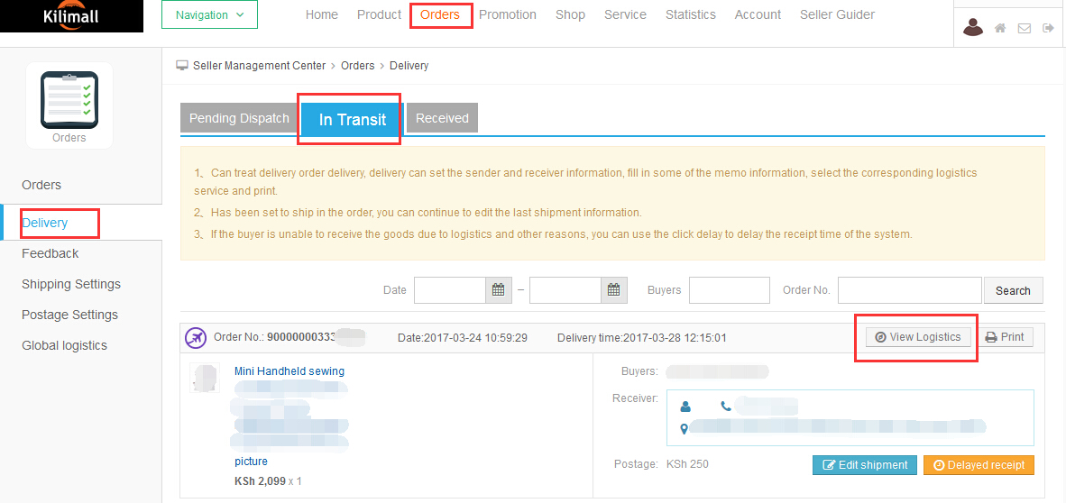 kilimall GS商品订单卖家发货流程指导