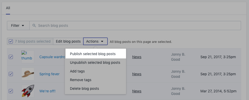 Shopify后台博客模板创建、批量发布及取消操作教程