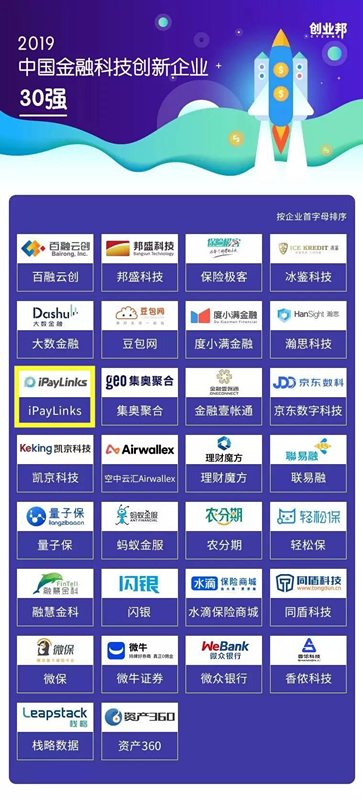 iPayLinks斩获2019年中国金融科技创新企业TOP30！