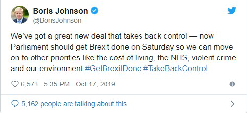 英国首相约翰逊：英国与欧盟达成新脱欧协议