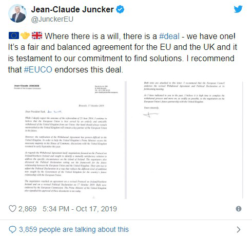 英国首相约翰逊：英国与欧盟达成新脱欧协议