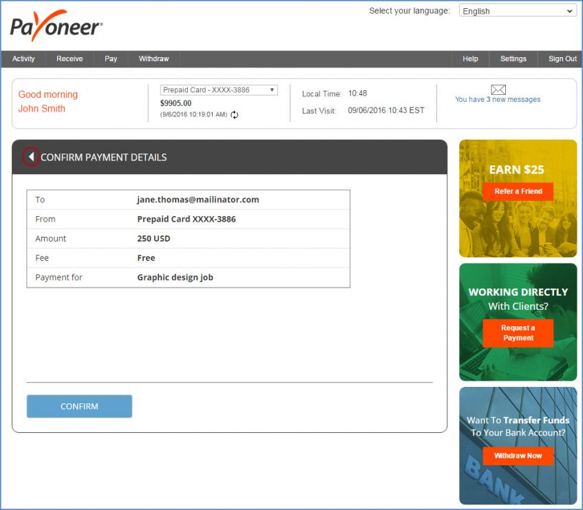 如何从我的Payoneer账户转账到另一个P卡账户？