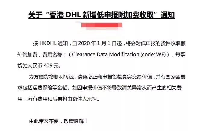瞧一瞧，看一看，香港DHL发布低申报附加费收取通知