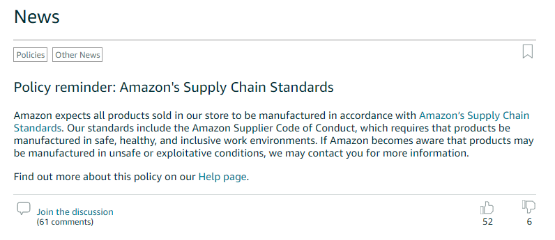 亚马逊发布公告！生产过程也要限制？！