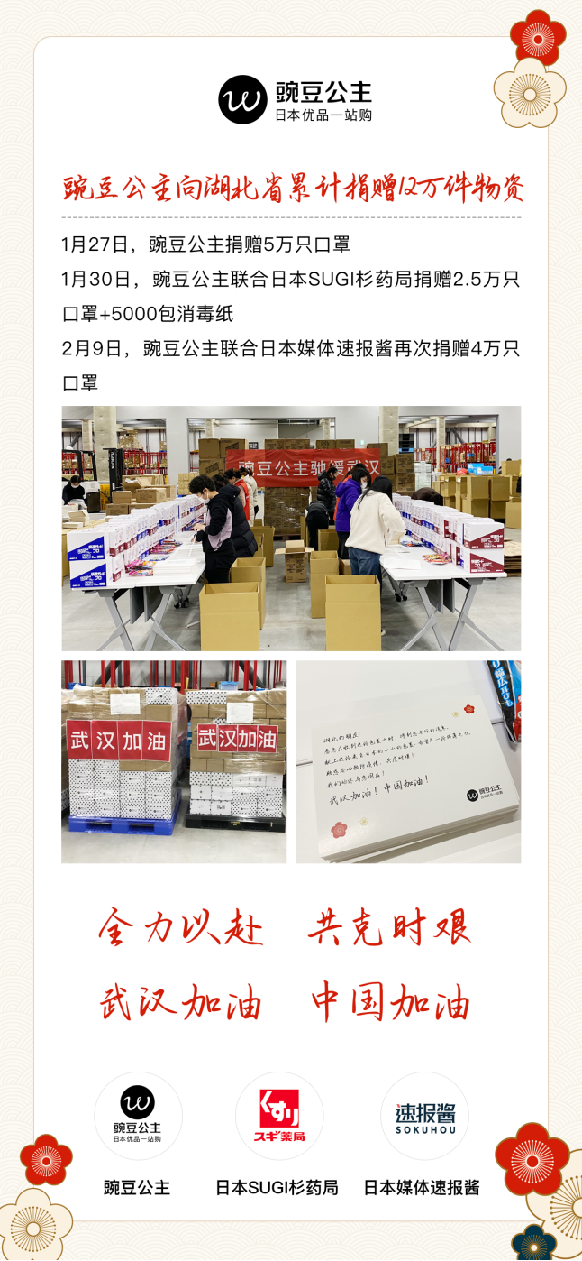 豌豆公主聯合日本媒體速報醬，向湖北捐贈4萬只口罩