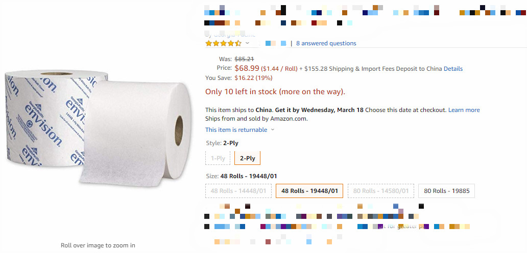 亚马逊卫生纸价格涨8成，日本、美国、意大利卫生纸抢断货！