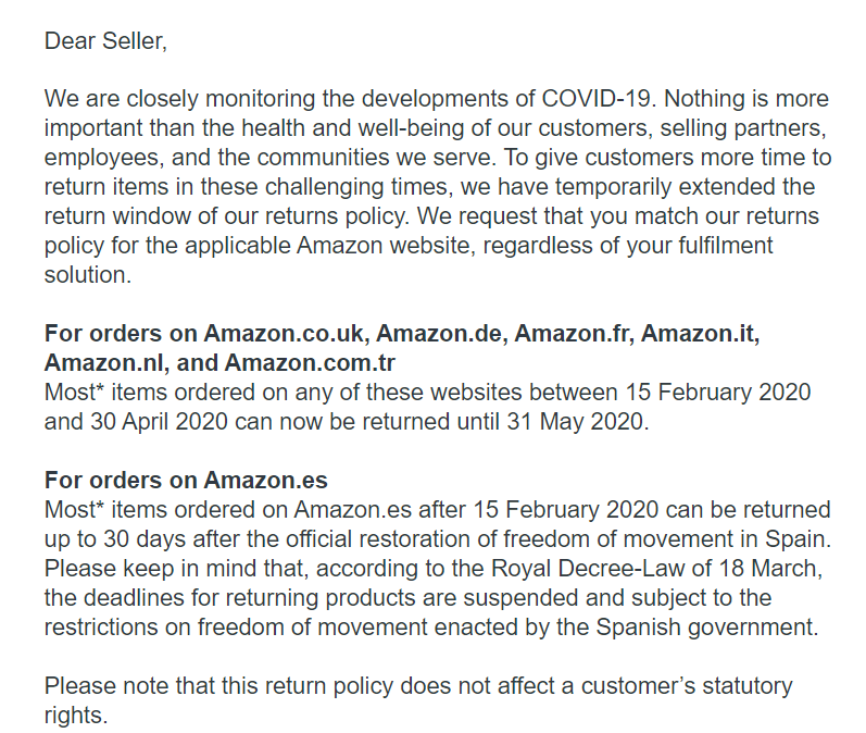 注意！亚马逊将延长欧洲多个站点退货时间
