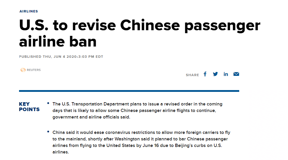 美国修改禁飞令！部分航线可以保持