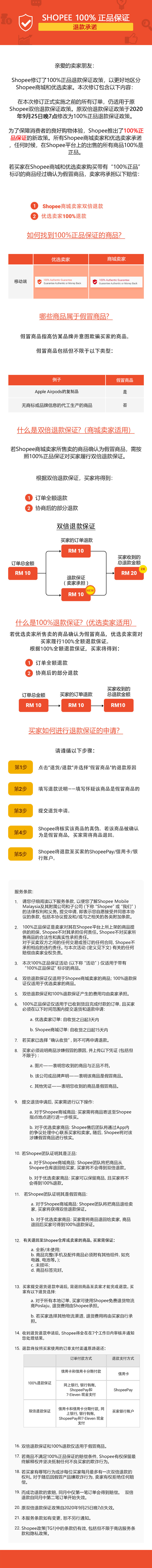 Shopee公告：马来站点双倍退款保证政策修订为100%正品退款保证政策