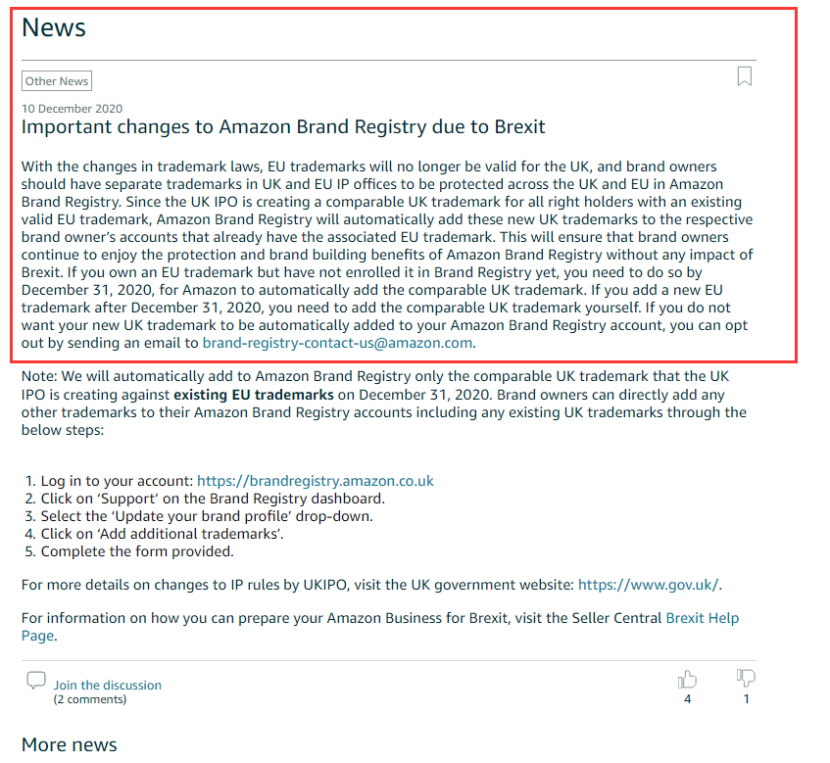 注意！亚马逊发布品牌注册因英国退欧的重要变更公告，卖家要做好这项工作！