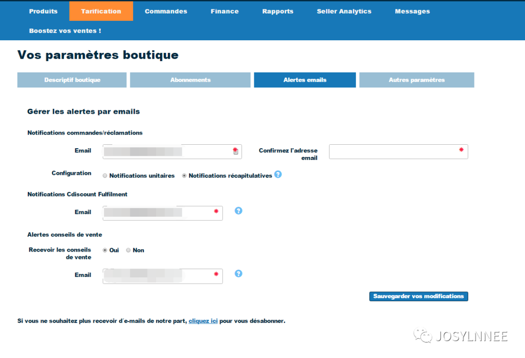 如何在Cdiscount后台设置邮箱地址来接收通知？
