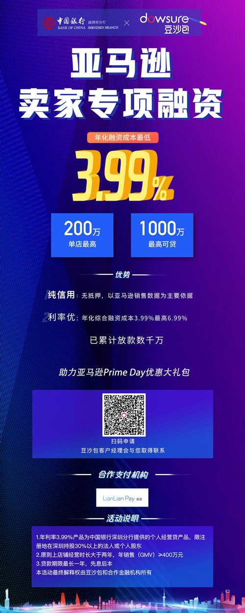 融资成本年化低至3.99%，深圳亚马逊卖家有福了！