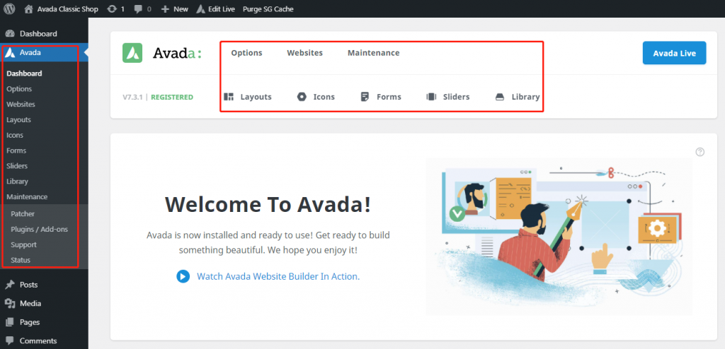 Avada主题后台操作界面及功能菜单用途概览