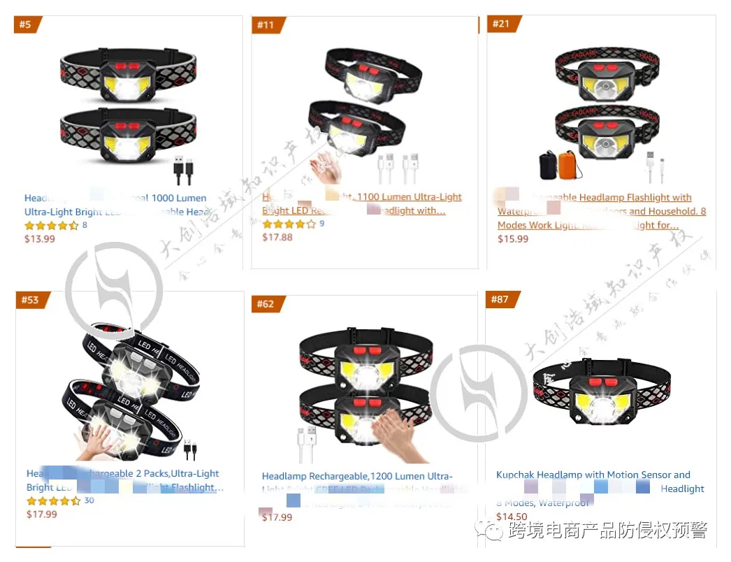 新品榜这款【头灯】在美亚站上的防侵权预警284