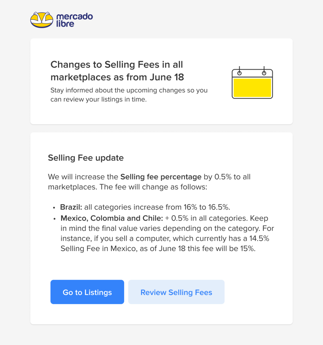 Mercado Libre 美客多各站点销售费用变更通知